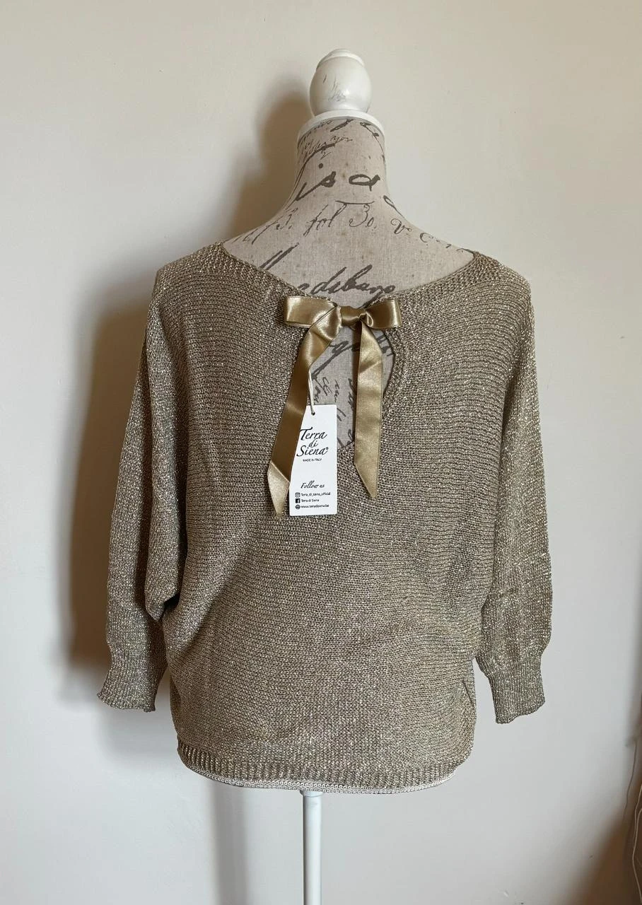 🎀 Gold knit sweater Made in Italy with neckline & satin bow on the back - one size – photo 7
